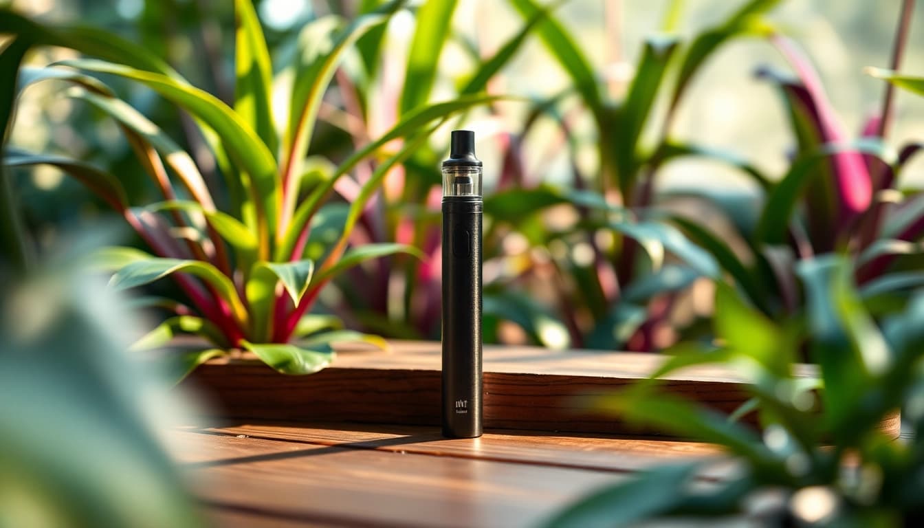 Discover where to buy dmt with a stylish DMT vape pen and vibrant plants surrounding it.