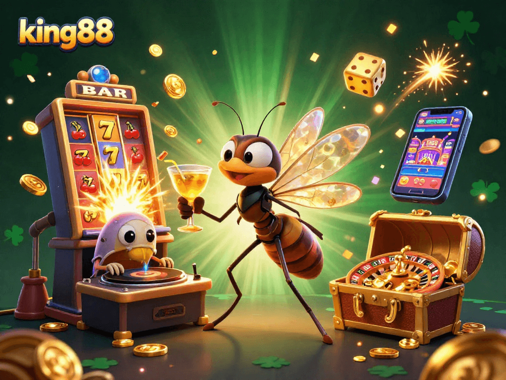 Engage with king88's vibrant casino experience featuring a lively mascot, slot machines, and golden elements.