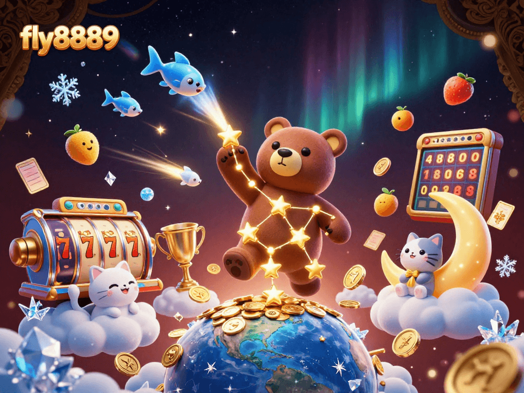 Win big at fly8889 with vibrant slots and sparkling coins in a dynamic casino-themed illustration.