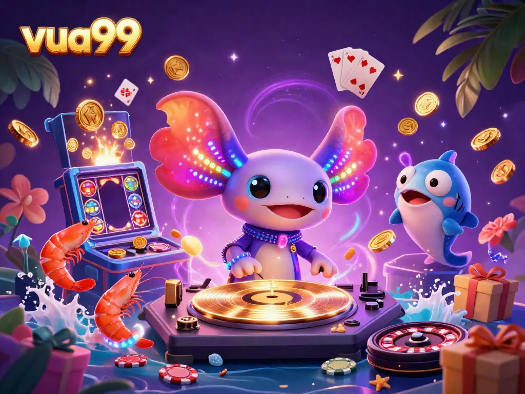 Experience dynamic gaming action with a vibrant depiction of the vua99 atmosphere through a neon axolotl DJ.