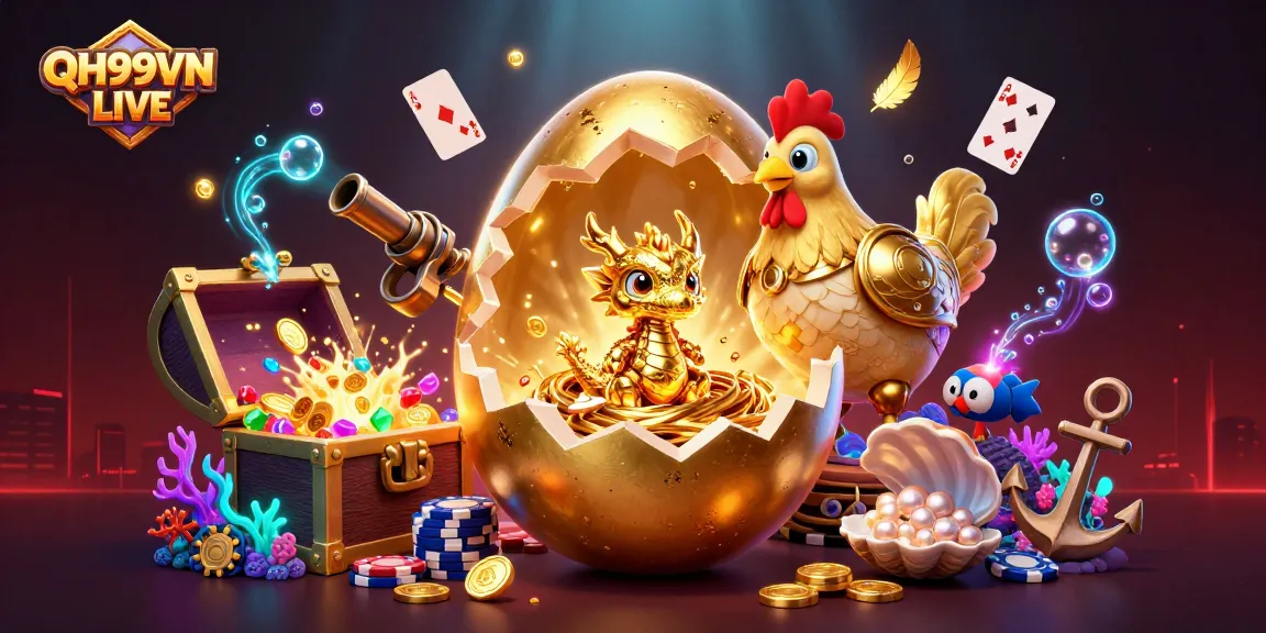 Experience excitement at QH99VN LIVE with a dragon guarding poker chips amidst treasures.