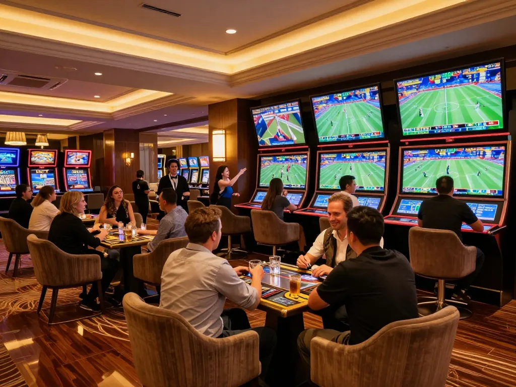 CM88 bettors placing wagers in a luxurious sports betting area filled with screens