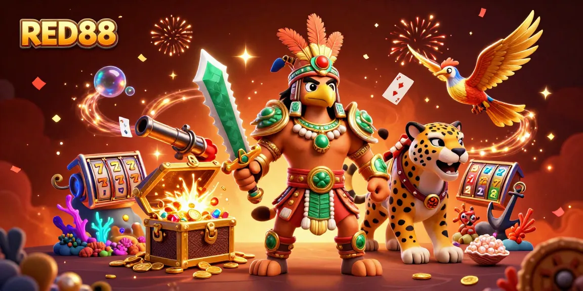 Experience the thrilling excitement of RED88 with vibrant casino characters and dynamic slot elements.