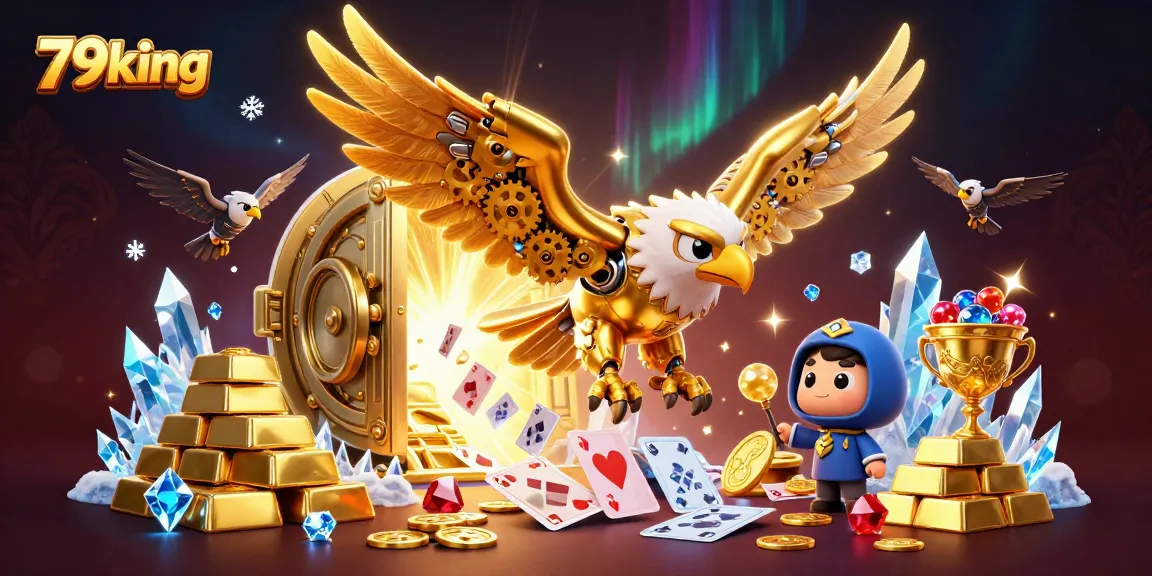 Win big with 79king's vibrant gaming experience featuring a cybernetic golden eagle.