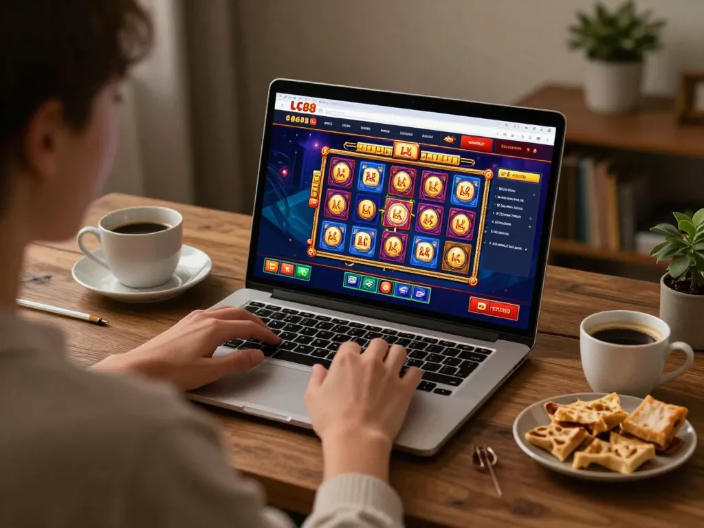 Engaging home gaming experience on LC88 slot site, highlighting interactive player moments and vibrant visuals