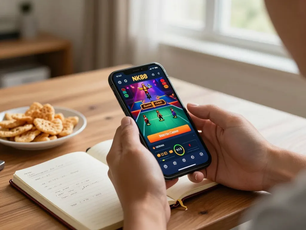 Engaging with NK88 on a smartphone for mobile gambling in a cozy home setting.
