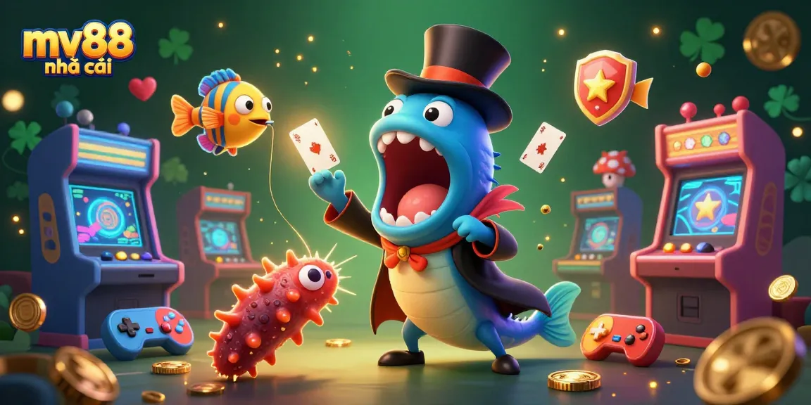 Engage with exciting games at mv88 nhà cái with a vibrant 3D casino-themed illustration, showcasing card tricks and arcade elements.