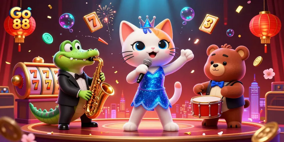 Engage with Go 88 by experiencing vibrant casino entertainment through a lively cat singer, saxophone-playing crocodile, and drum-playing bear.