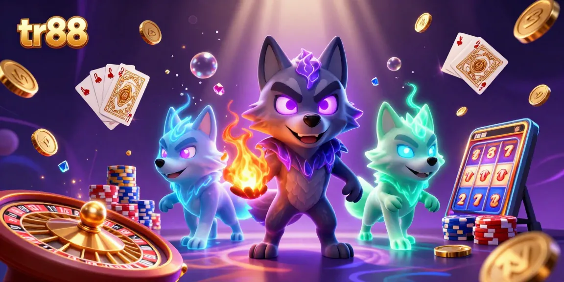 tr88 casino scene featuring a shadow wolf leader and ghostly companions amidst floating gems and golden coins