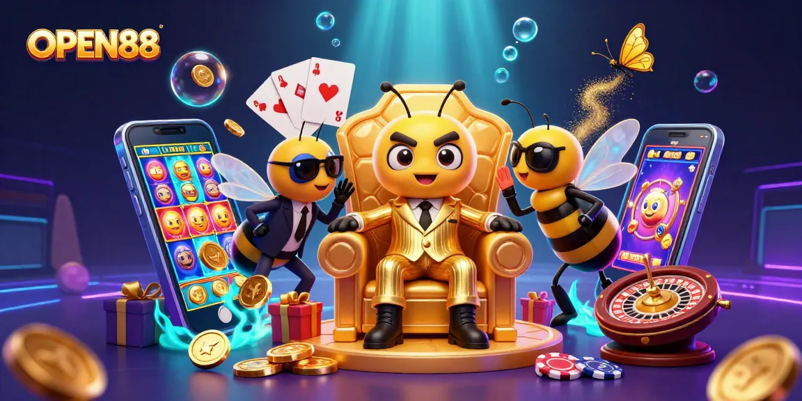 Experience thrilling gaming at OPEN88 with a flashy scene featuring a bumblebee mob boss and exciting slot game elements.