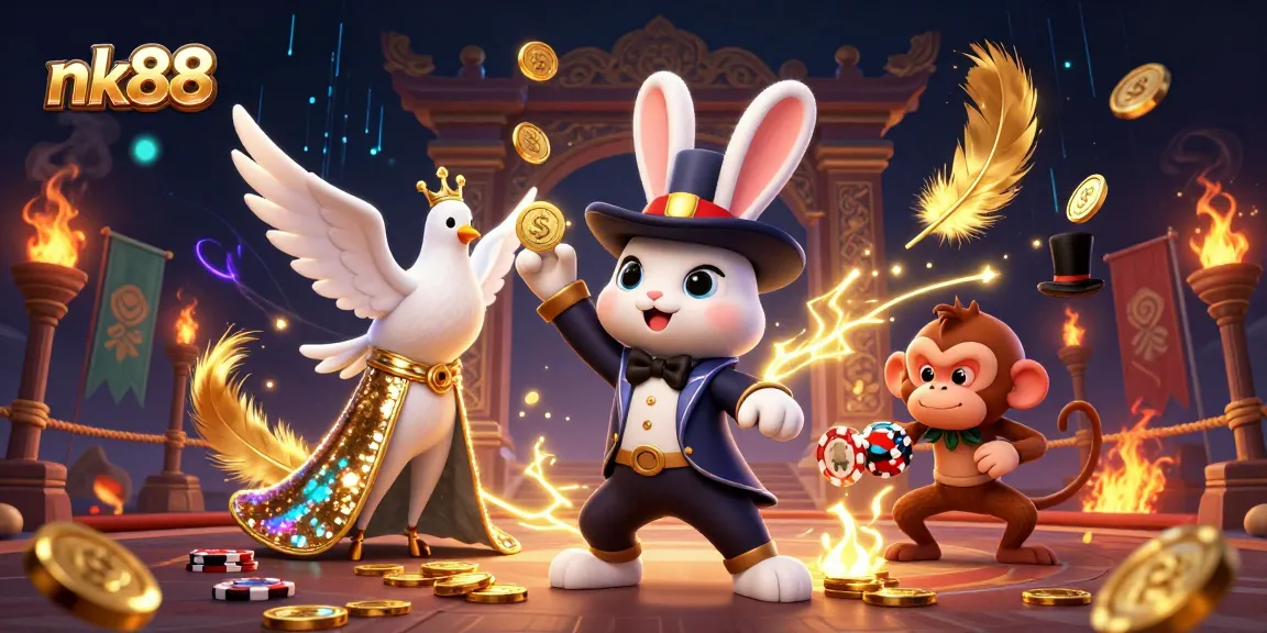 Experience the thrills of nk88 with a magician and exciting gaming elements in a vibrant casino scene.