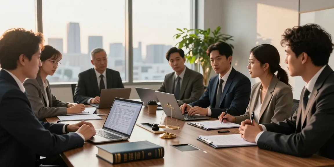 Legal team collaborating on case strategies in a bright office, showing professionalism and teamwork, prev in their approach.