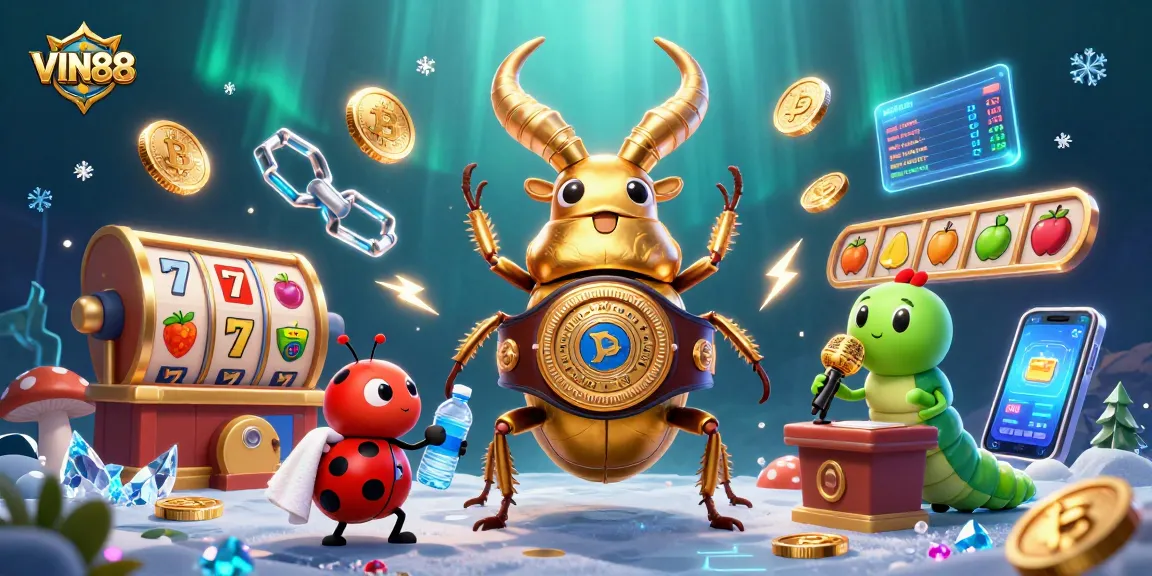 VIN88 showcases an exciting scene of a giant stag beetle champion in a dynamic casino environment.