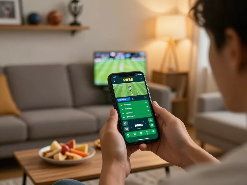 Using the RR88 app for live sports betting in a cozy home setting.