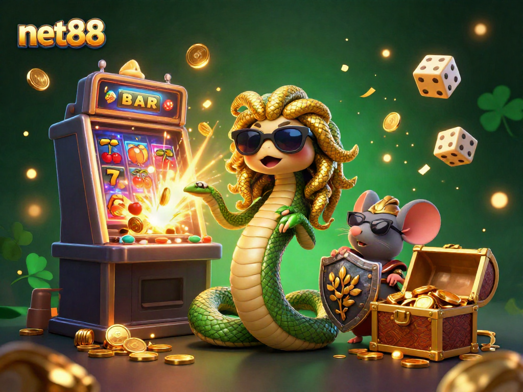 Engage with net88 through thrilling slots featured with Medusa and a warrior mouse amidst golden treasures.