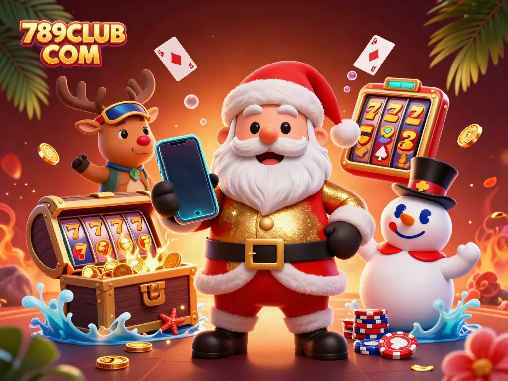 Exciting jackpot action at 789CLUB COM with Santa playing slots and his festive crew in a vibrant casino scene.