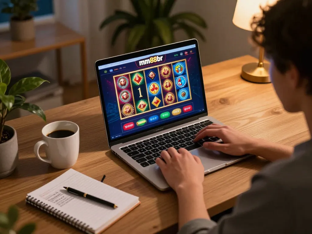 Player engaged in online gaming at mm88br, showcasing a vibrant casino interface with strategy notes.