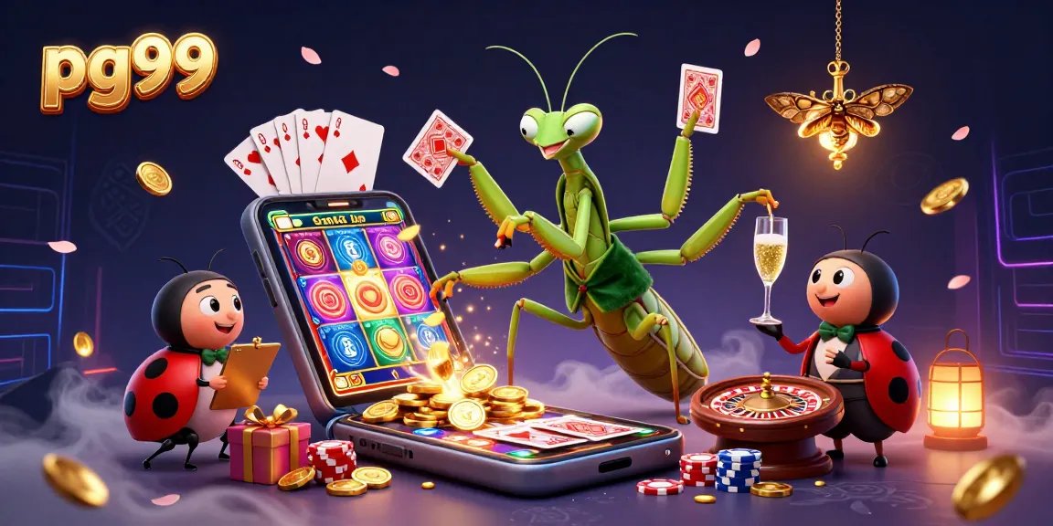 Experience thrilling gameplay with pg99, a lively scene of a giant praying mantis card sharp dealing cards and a ladybug pit boss overseeing the fun.