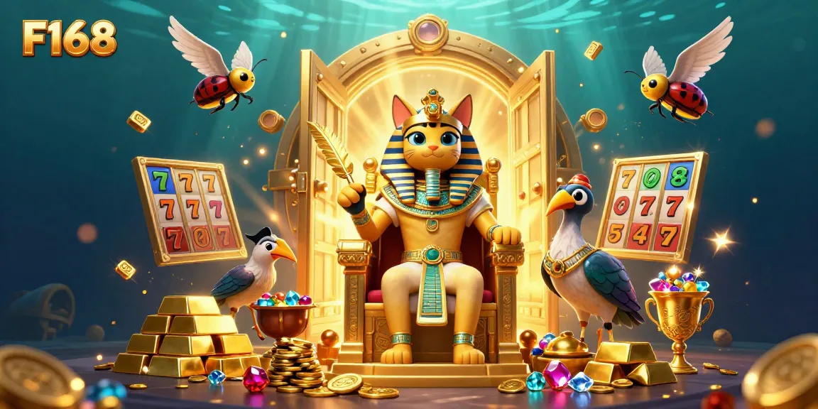 Experience F168's thrilling casino adventure with cartoon characters amidst treasures and slot games.