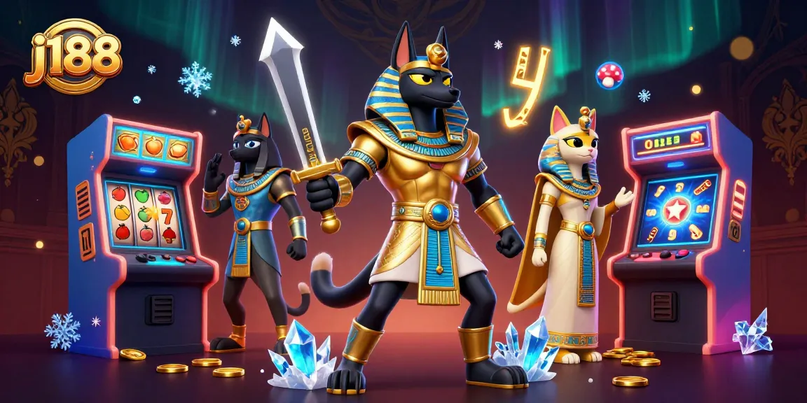 Win big with j188 in this vibrant 3D casino scene featuring Anubis and Bastet.