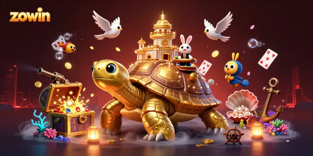 Zowin game scene featuring a golden tortoise casino with vibrant animation and rich details.