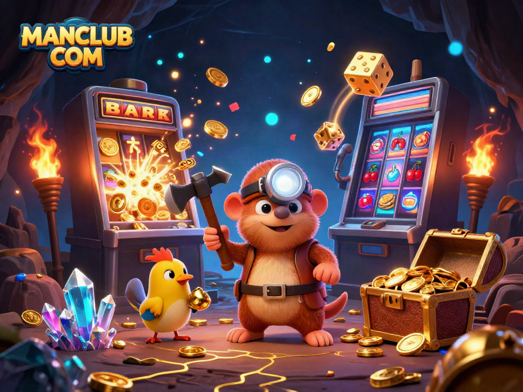 Join the excitement at MANCLUB COM with vibrant slot machines, golden treasures, and playful characters.
