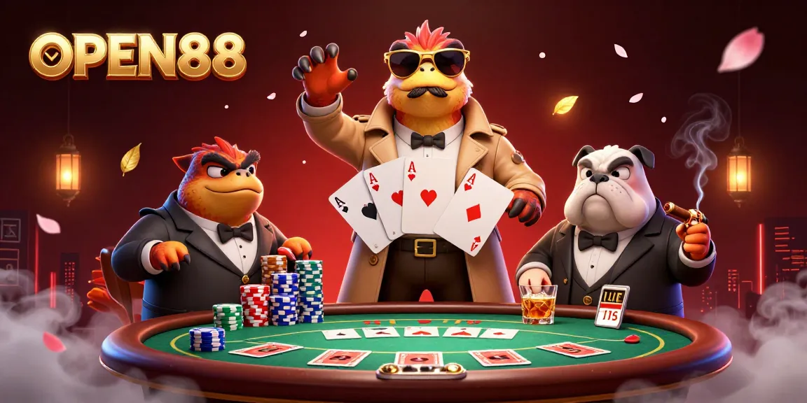 Experience the excitement of winning at OPEN88 with a 3D casino scene featuring raptors and vibrant game elements.
