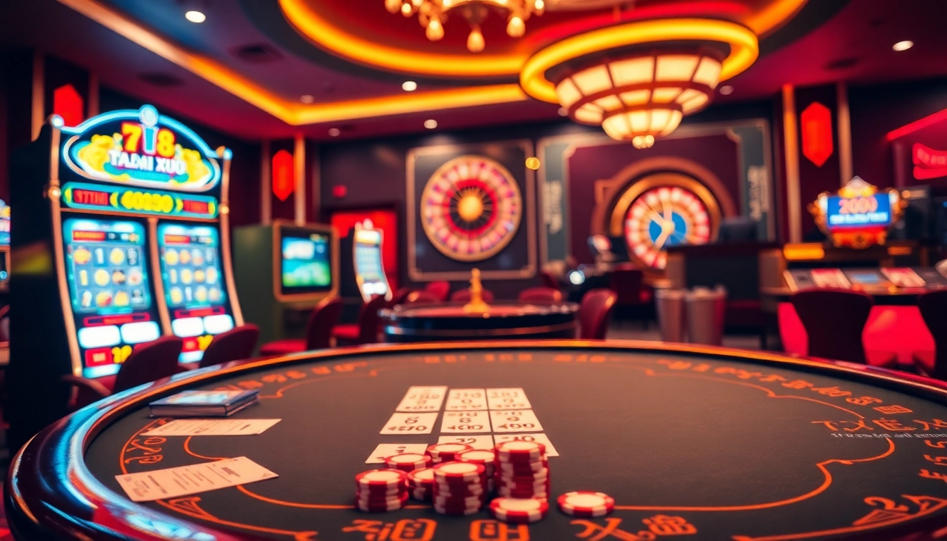 Exciting gameplay at 789win tài xỉu table with flashing lights and colorful betting slips.