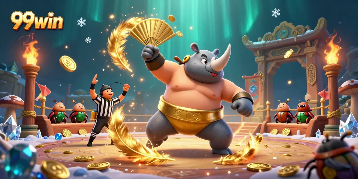 Experience the thrilling world of 99win as a cartoon beetle champion conquers the gaming arena.