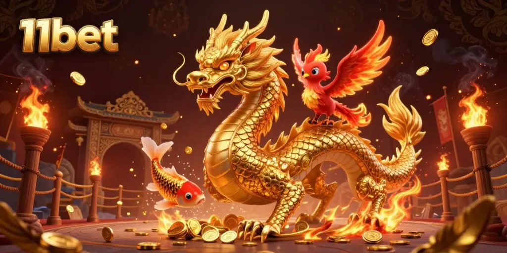 Experience thrilling gameplay with 11bet featuring a dragon, phoenix, and koi fish amidst coins.