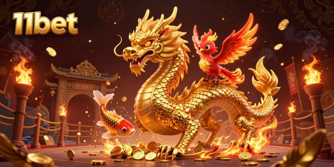Experience thrilling gameplay with 11bet featuring a dragon, phoenix, and koi fish amidst coins.