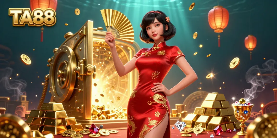 TA88 Casino scene showcasing a confident woman in a vibrant qipao dress surrounded by gold coins and treasures.