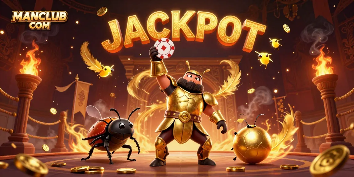 Winning a jackpot at MANCLUB COM, featuring dynamic characters and vibrant casino elements.