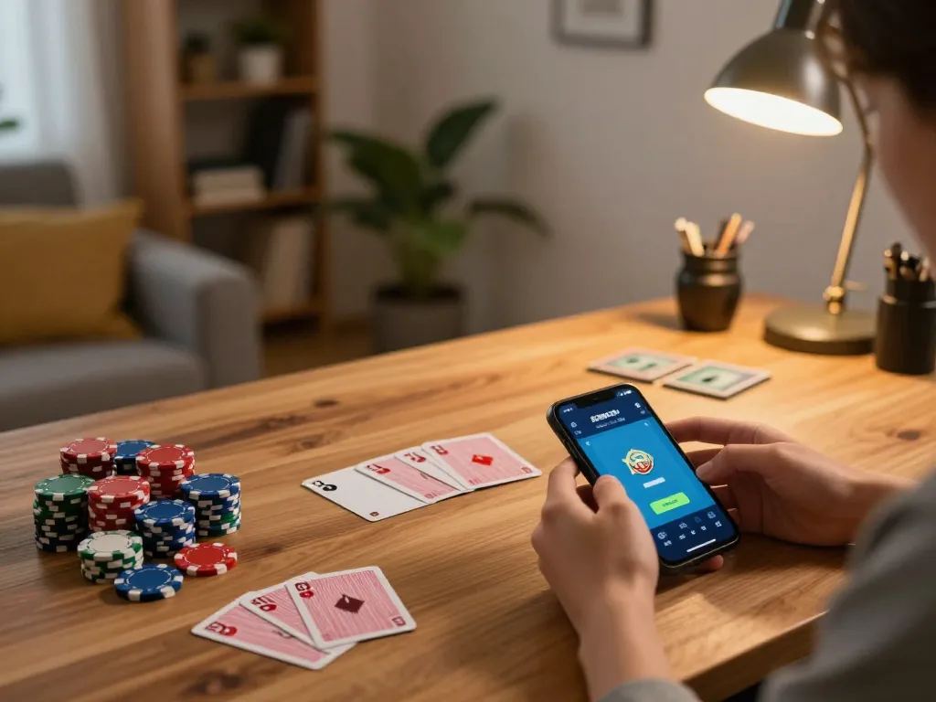 Playing on SC88 Com app with poker chips and cards in a cozy room setting