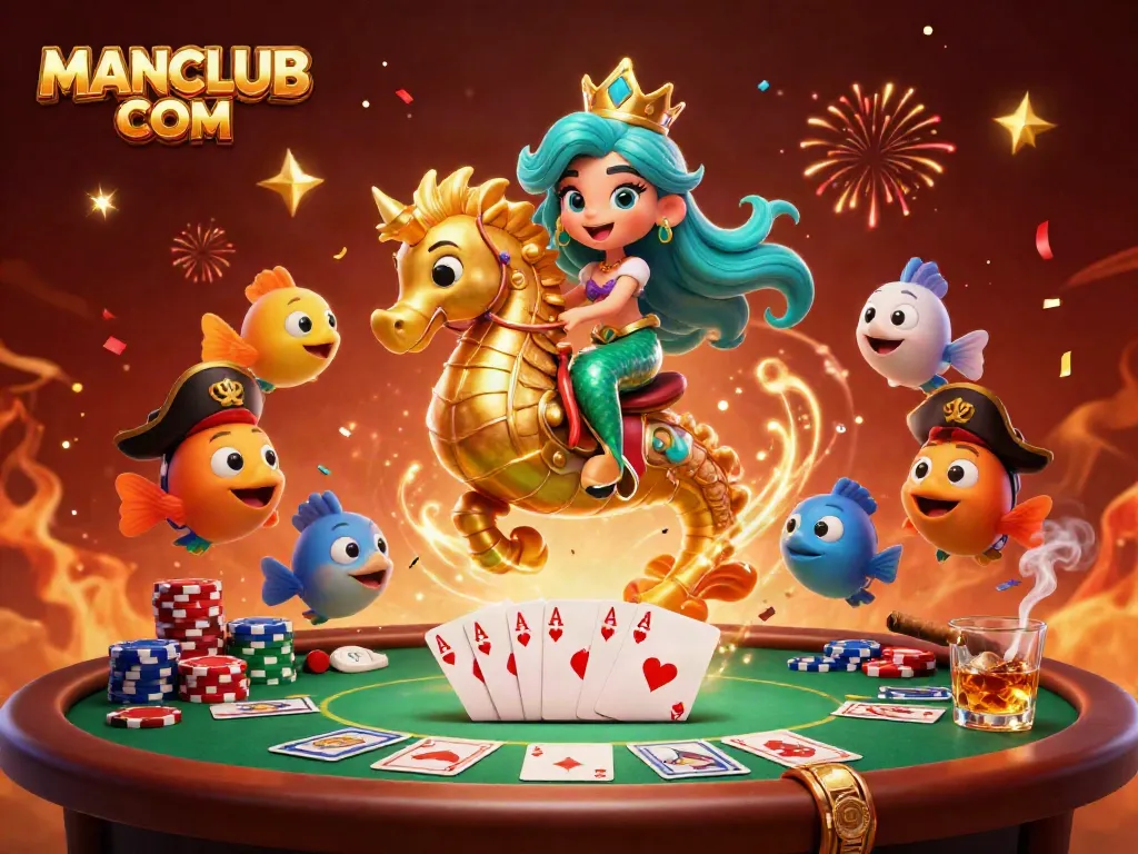 Engage with the thrilling atmosphere of MANCLUB COM as a mermaid princess celebrates at a dynamic poker table in an enchanting underwater scene.