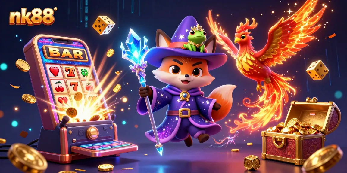 Experience thrilling wins at nk88 with our vibrant casino scene featuring magical characters and games.