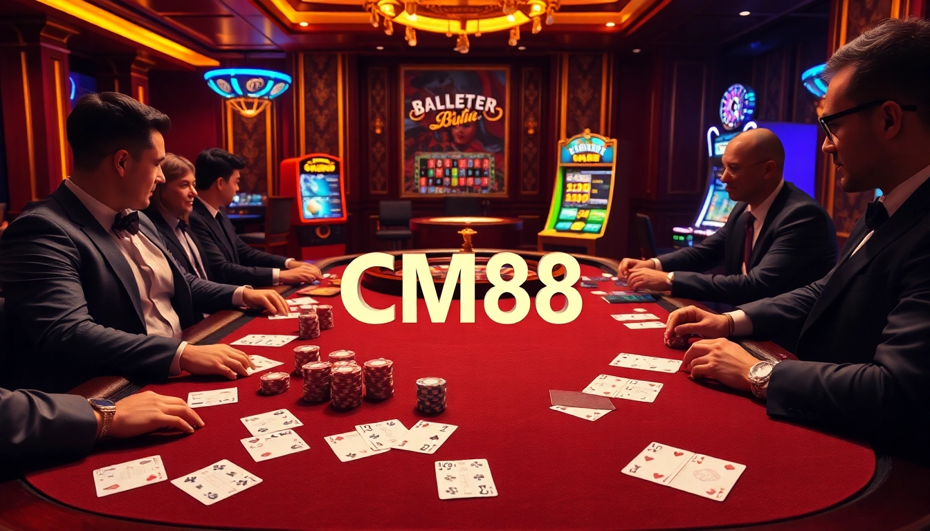 Experience the thrilling glow of a casino featuring CM88 at the heart of the action, capturing high-stakes gaming excitement.