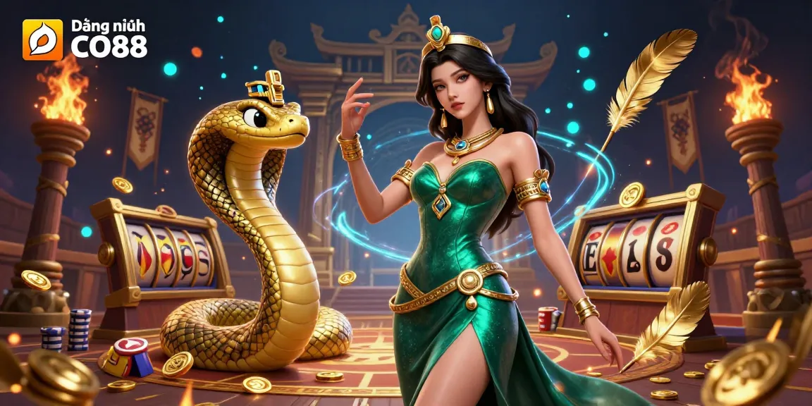 Engage in exciting gameplay at Đăng nhập CO88 with a vibrant scene of a stunning 3D character alongside gambling elements.