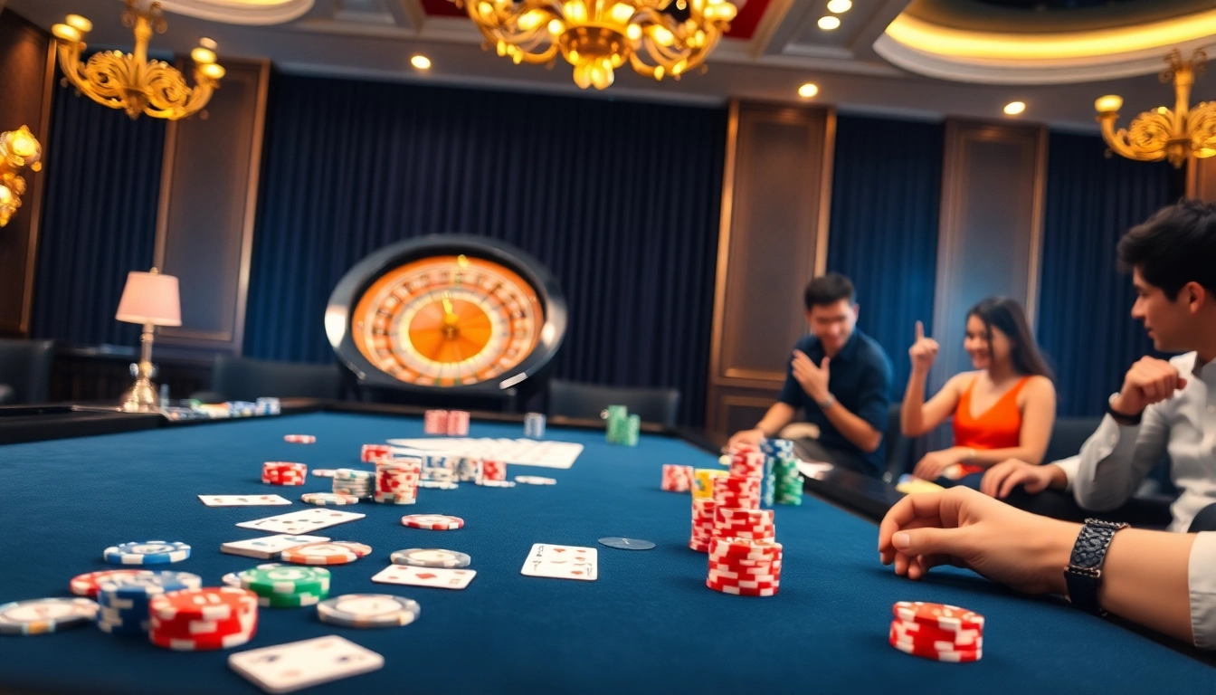 Exciting gaming table at Nhà cái GA28, showcasing vibrant poker chips and cards in a luxurious casino setting.