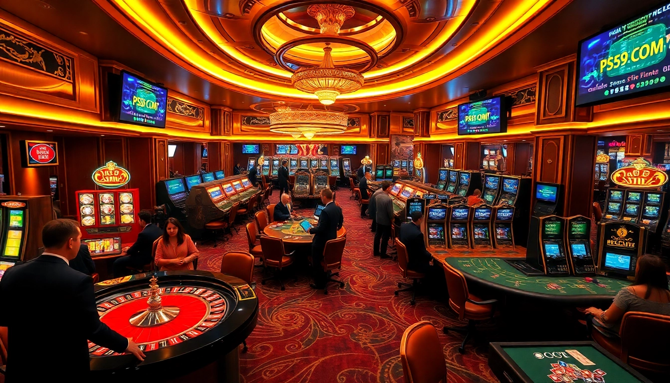 Exciting gaming atmosphere at PS99 COM with glowing slot machines and passionate players.