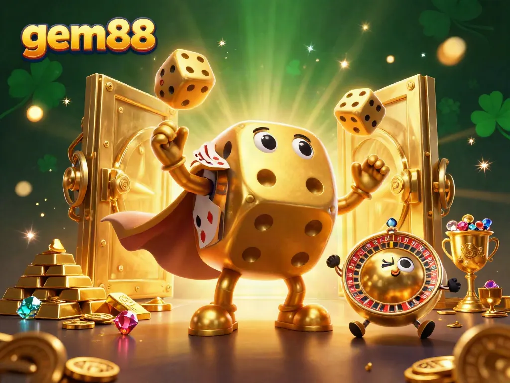 Experience thrilling games at gem88 with golden treasures and animated characters in a vibrant scene.