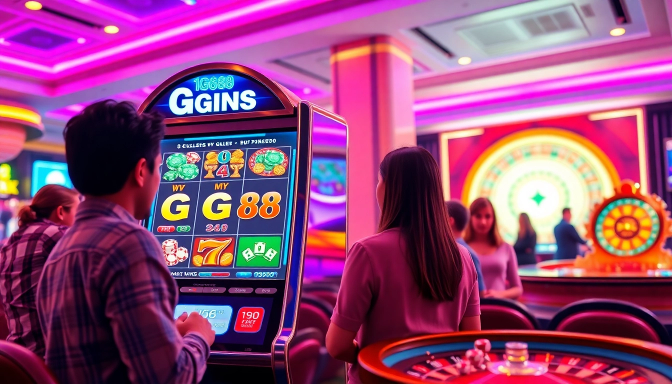 Players engaging at the GG88 slot machine, showcasing vibrant casino excitement and luxury.