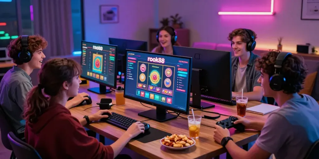 Engaged friends enjoying the rokok88 slot game in a vibrant gaming environment with snacks and colorful lights.