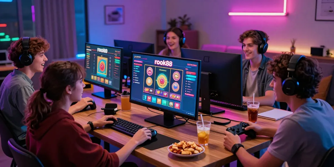 Engaged friends enjoying the rokok88 slot game in a vibrant gaming environment with snacks and colorful lights.