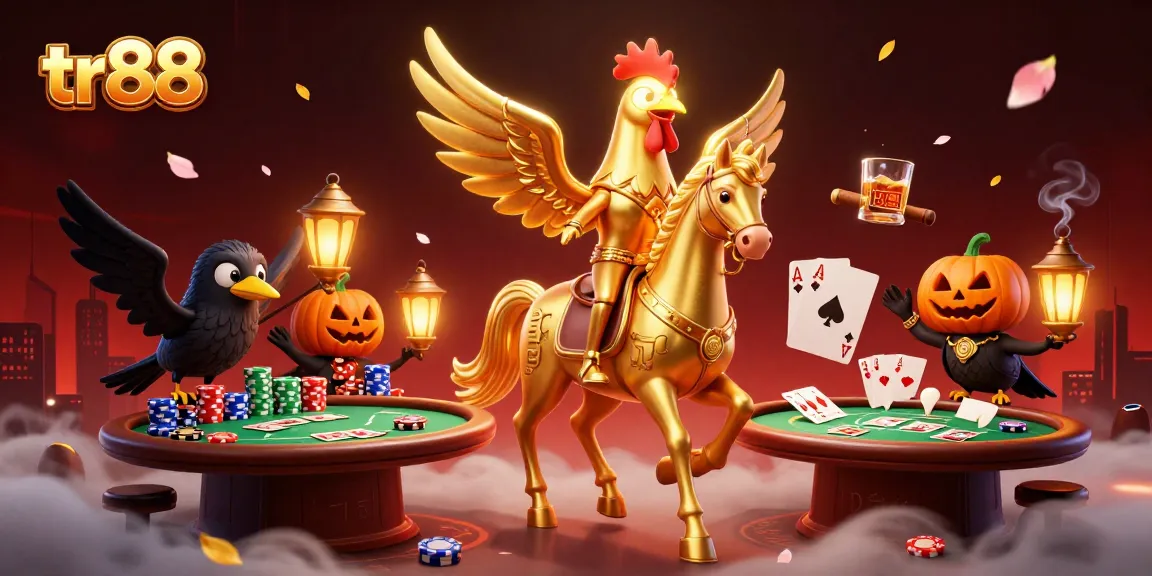 Play exciting games at tr88 as golden rooster heads through a casino with poker elements.