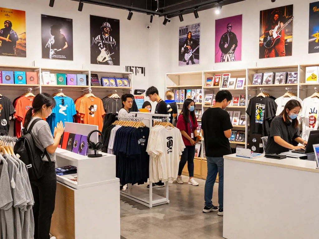 Inside a lively merchandise store with fans exploring exclusive music-themed items and apparel.