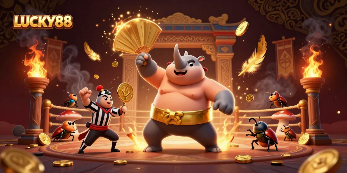 LUCKY88 slot game champions in an exciting 3D scene with beetle participants and festive elements.