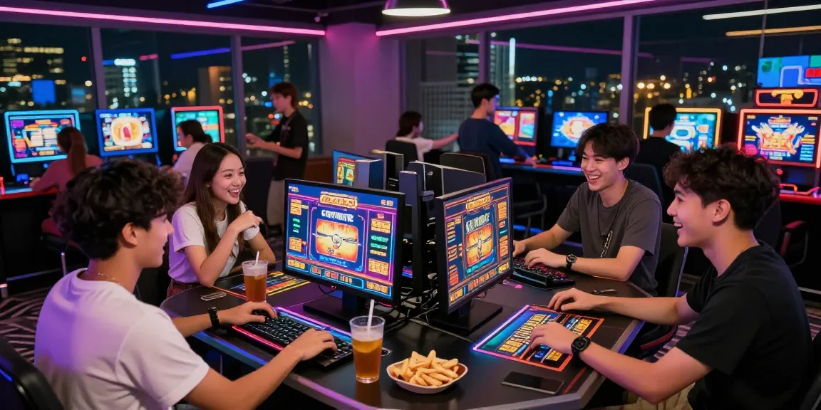 Exciting group playing slot gacor games in a vibrant urban gaming setup