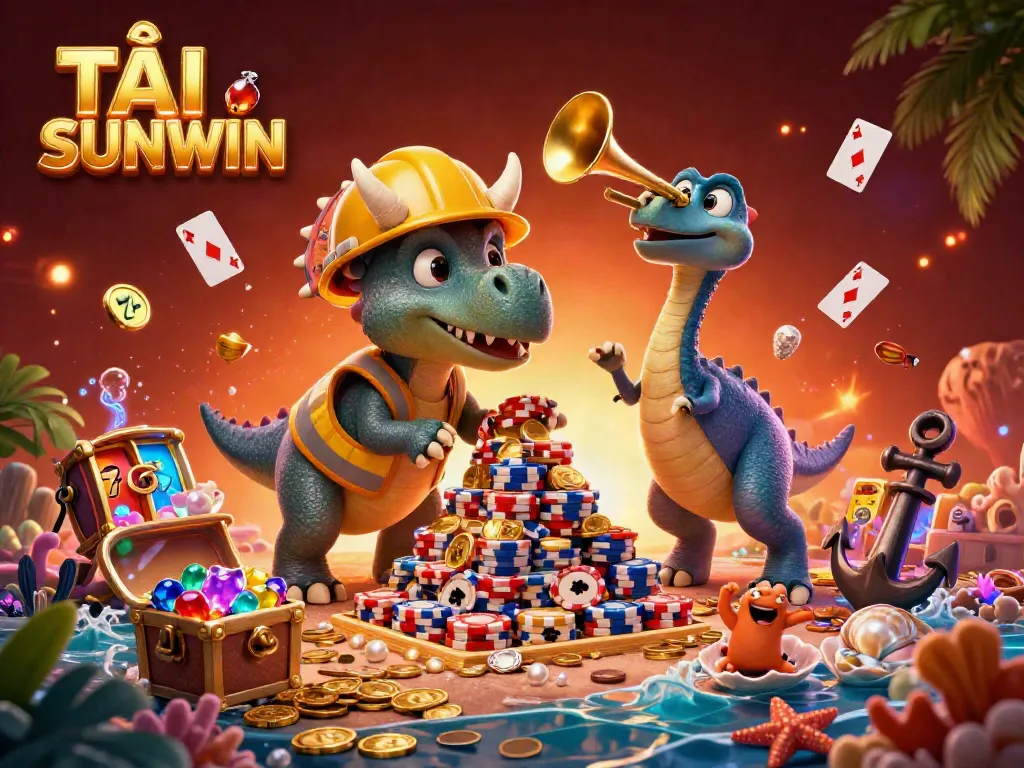 Experience the thrill of gambling with TẢI SUNWIN, featuring vibrant characters building poker chip pyramids in a dazzling underwater casino.
