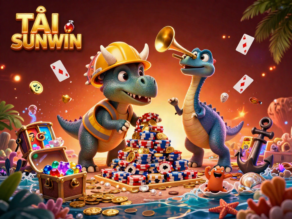 Experience the thrill of gambling with TẢI SUNWIN, featuring vibrant characters building poker chip pyramids in a dazzling underwater casino.